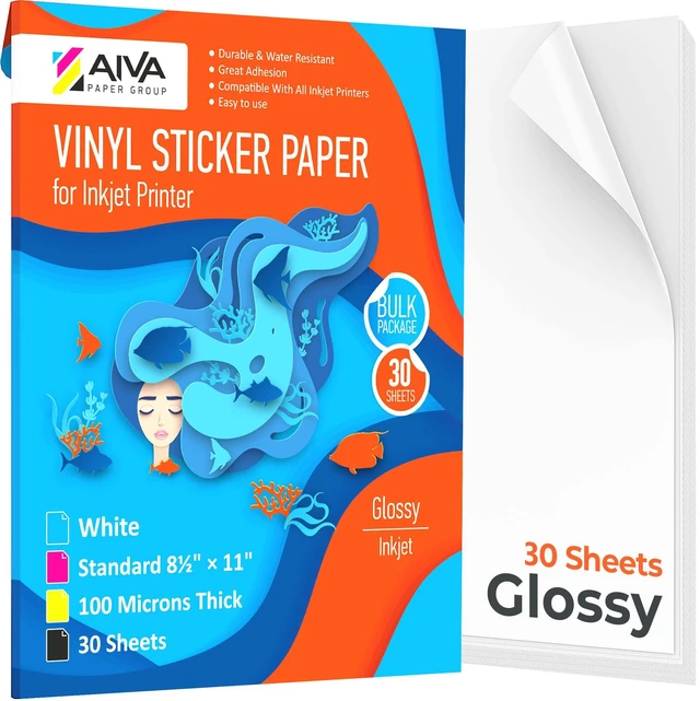 Main image of Printable Vinyl Sticker Paper - Waterproof Decal Paper for Inkjet Printer - 30 Self-Adhesive Sheets - Glossy White - Standard Letter Size 8.5"x11"