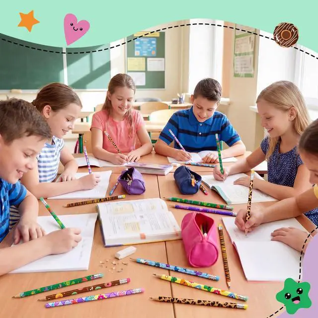 Alt view image 4 of 6 - 300 Pcs Wooden Pencil Bulk with Eraser for Kids, Cute Style Assortment Colorful Fun Pencils for Kids, Novelty Designs Classroom Back to School Gifts, Student Reward School Supplies