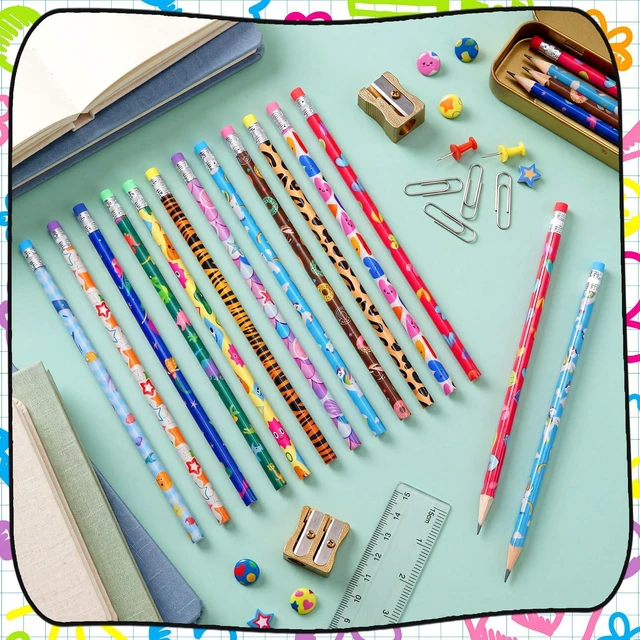 Alt view image 3 of 6 - 300 Pcs Wooden Pencil Bulk with Eraser for Kids, Cute Style Assortment Colorful Fun Pencils for Kids, Novelty Designs Classroom Back to School Gifts, Student Reward School Supplies