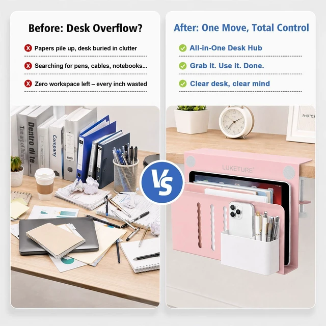 Alt view image 5 of 7 - Desk Side Storage Laptop Holder No Drill Clamp On Organizer Steel Side Desk Organizer, Clamp on Laptop Mount with Pen Holder, Hanging Storage for Home Office, Fits 0.3" to 2.8"