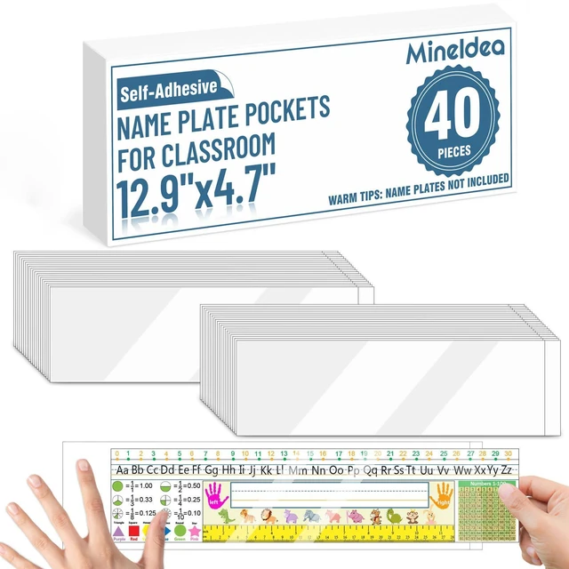 Main image of 40 PCS Nameplate Pocket, 12.9" x 4.7" Adhesive Desk Nameplates Sleeves Name Tag Holder, Upgrade Crystal Clear Scratch Proof Easy Remove Name Tag Sleeves for Classroom Desk