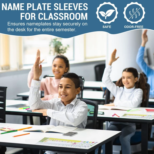 Alt view image 5 of 7 - 40 PCS Nameplate Pocket, 12.9" x 4.7" Adhesive Desk Nameplates Sleeves Name Tag Holder, Upgrade Crystal Clear Scratch Proof Easy Remove Name Tag Sleeves for Classroom Desk