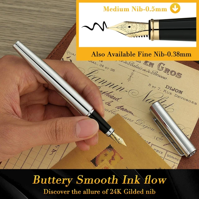 Alt view image 4 of 7 - Silver Fountain Pen,Stunning Luxury Pens with Bright Silver Chrome, Gorgeous 24K Gilded Nib(Medium), Fancy Pen Gift for Men&Women -Ink Converter-Elegant, Office,Nice Pen for Writing