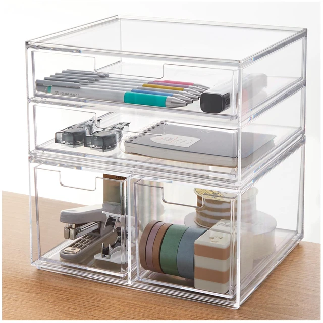 Main image of Stackable Desk Organizer Drawers, Clear Pen Pencil Makeup Brush Holder for Desktops and Vanities, 4 Multi-size Drawers (Made in USA)