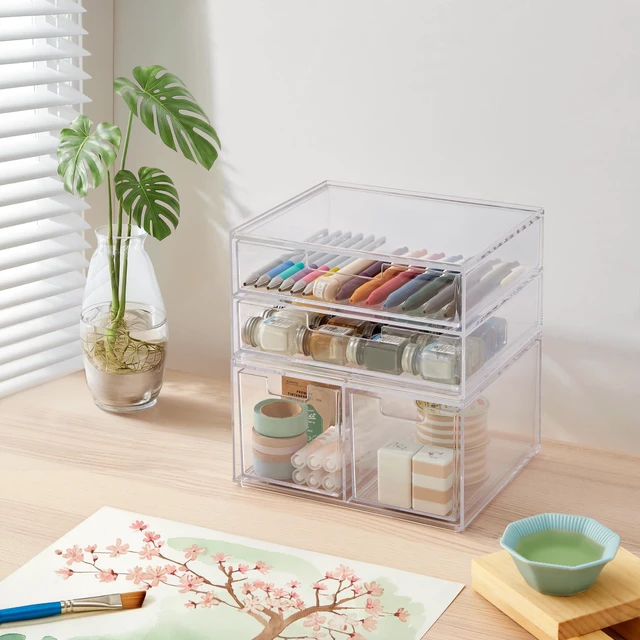 Alt view image 3 of 7 - Stackable Desk Organizer Drawers, Clear Pen Pencil Makeup Brush Holder for Desktops and Vanities, 4 Multi-size Drawers (Made in USA)