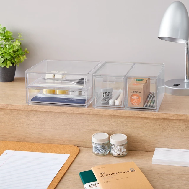 Alt view image 5 of 7 - Stackable Desk Organizer Drawers, Clear Pen Pencil Makeup Brush Holder for Desktops and Vanities, 4 Multi-size Drawers (Made in USA)