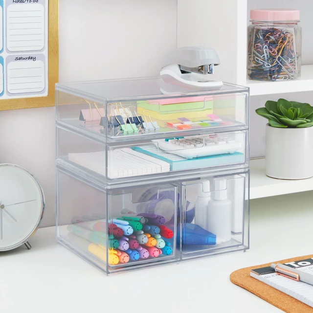 Alt view image 7 of 7 - Stackable Desk Organizer Drawers, Clear Pen Pencil Makeup Brush Holder for Desktops and Vanities, 4 Multi-size Drawers (Made in USA)