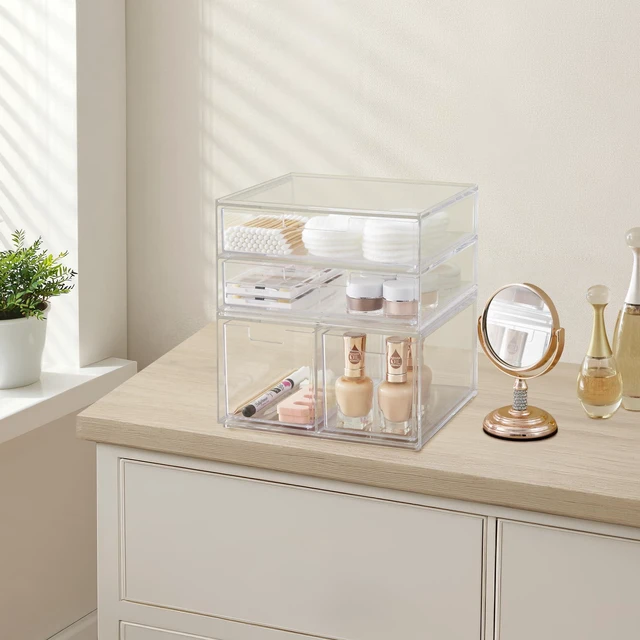 Alt view image 6 of 7 - Stackable Desk Organizer Drawers, Clear Pen Pencil Makeup Brush Holder for Desktops and Vanities, 4 Multi-size Drawers (Made in USA)