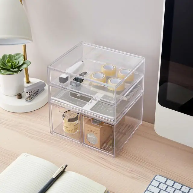 Alt view image 4 of 7 - Stackable Desk Organizer Drawers, Clear Pen Pencil Makeup Brush Holder for Desktops and Vanities, 4 Multi-size Drawers (Made in USA)