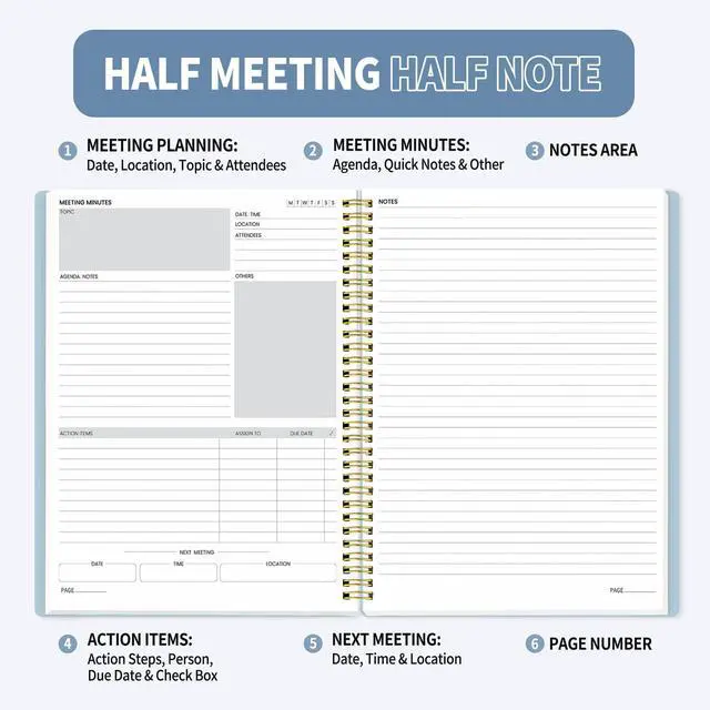 Alt view image 2 of 6 - Half Meeting Half Note - 8.5"x11" Professional Notebooks for Work - 160 Pages, A4 Size Project Planner, Spiral Meeting Agenda/Minutes Organizer for Women, Note Taking, Office&Business, Blue