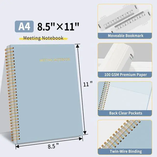 Alt view image 4 of 6 - Half Meeting Half Note - 8.5"x11" Professional Notebooks for Work - 160 Pages, A4 Size Project Planner, Spiral Meeting Agenda/Minutes Organizer for Women, Note Taking, Office&Business, Blue