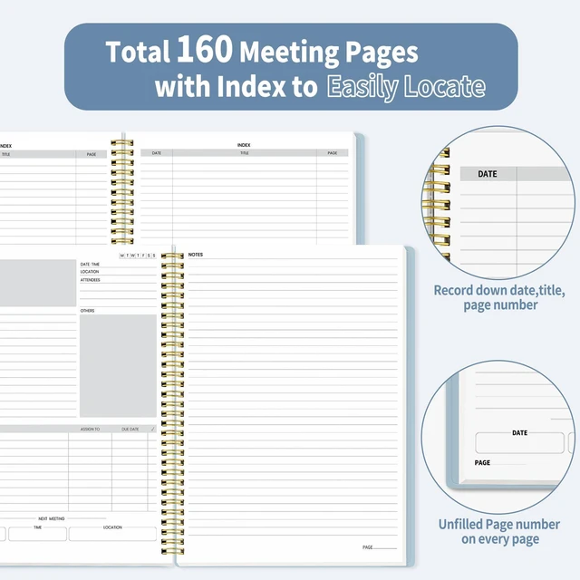 Alt view image 3 of 6 - Half Meeting Half Note - 8.5"x11" Professional Notebooks for Work - 160 Pages, A4 Size Project Planner, Spiral Meeting Agenda/Minutes Organizer for Women, Note Taking, Office&Business, Blue