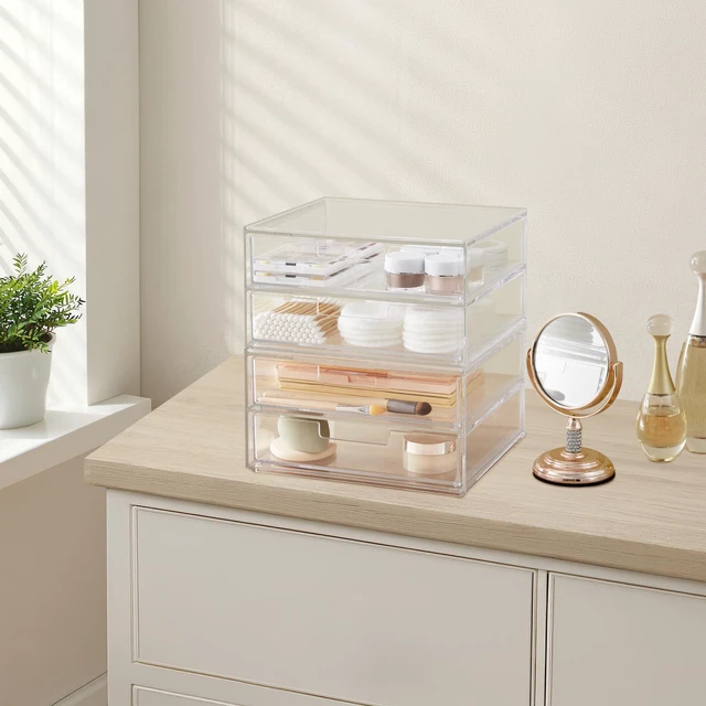 Alt view image 6 of 7 - Stackable Desk Drawer Organizer, Clear Pen Pencil Makeup Brush Holder for Desktops and Vanities, 4 Wide Drawers (Made in USA)