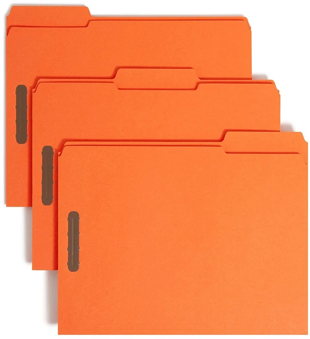 Main image of Fastener File Folders, Reinforced 1/3-Cut Tabs, 2 Fasteners, Letter Size, Orange, 50 per Box (12540)
