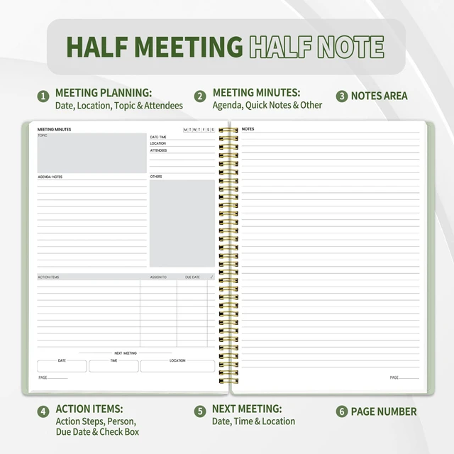 Alt view image 2 of 6 - Half Meeting Half Note - 8.5"x11" Professional Notebooks for Work - 160 Pages, A4 Size Project Planner, Spiral Meeting Agenda/Minutes Organizer for Women Men, Note Taking, Office & Business