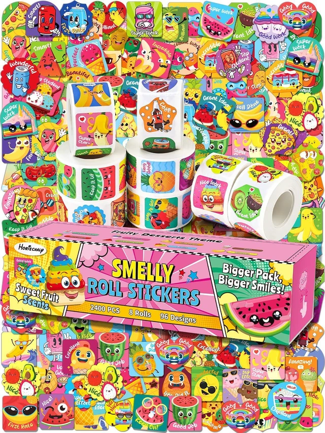 Main image of 2400 Pcs Scratch and Sniff Stickers for Kids and Children, 8 Rolls Smelly Reward Stickers, Bulk Scented Motivational Incentive Stickers for TeachersClassroom, Home, School Supplies, Crafts