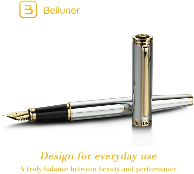 Alt view image 2 of 7 - Silver Chrome Fountain Pen,Stunning Luxury with 24K Gold Accents, Gorgeous 24K Gilded Nib(Medium), Fancy Pen Gift for Men&Women -Ink Converter-Elegant, Office,Nice Pen for Writing