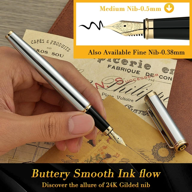 Alt view image 4 of 7 - Silver Chrome Fountain Pen,Stunning Luxury with 24K Gold Accents, Gorgeous 24K Gilded Nib(Medium), Fancy Pen Gift for Men&Women -Ink Converter-Elegant, Office,Nice Pen for Writing