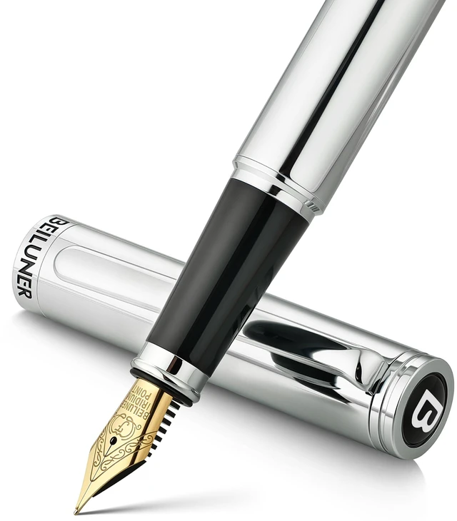 Main image of Silver Fountain Pen,Stunning Luxury Pens with Bright Silver Chrome, Gorgeous 24K Gilded Nib(Fine),Gift Pen Set for Men&Women -Ink Converter-Elegant, Professional, Nice Pen for Writing