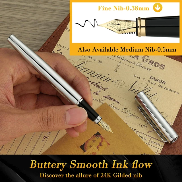 Alt view image 4 of 7 - Silver Fountain Pen,Stunning Luxury Pens with Bright Silver Chrome, Gorgeous 24K Gilded Nib(Fine),Gift Pen Set for Men&Women -Ink Converter-Elegant, Professional, Nice Pen for Writing