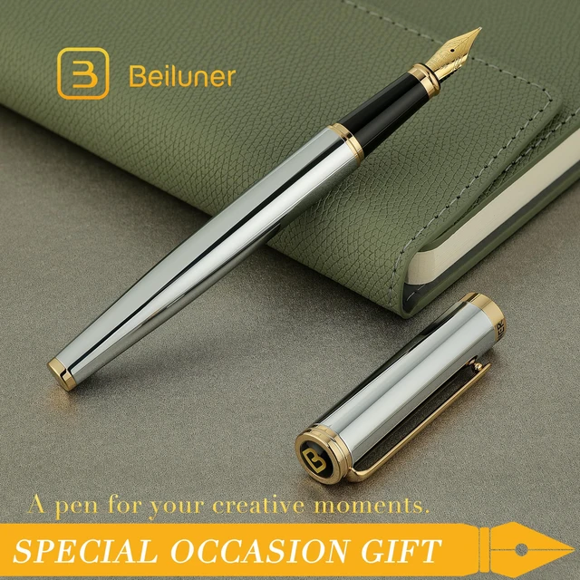 Alt view image 7 of 7 - Silver Chrome Fountain Pen,Stunning Luxury with 24K Gold Accents, Gorgeous 24K Gilded Nib(Medium), Fancy Pen Gift for Men&Women -Ink Converter-Elegant, Office,Nice Pen for Writing