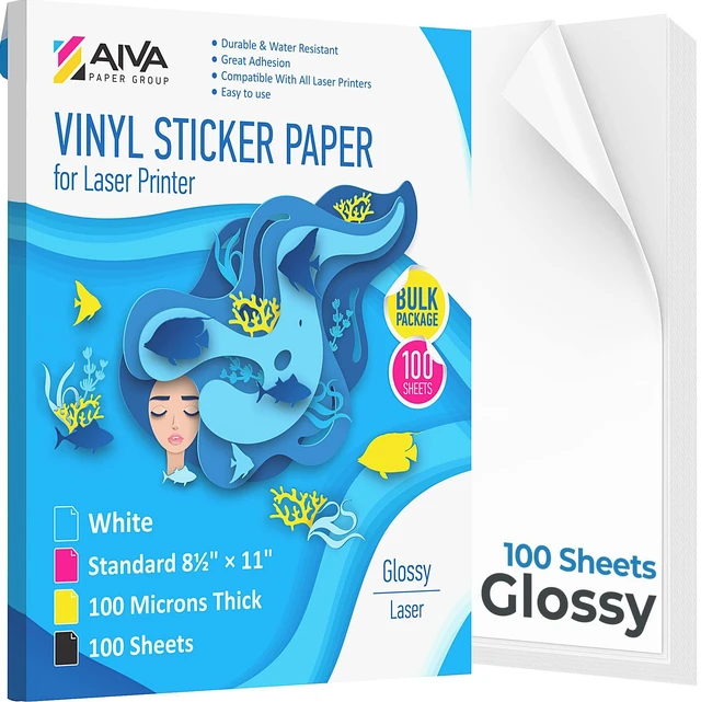 Main image of Printable Vinyl Sticker Paper for Laser Printer - Glossy White - 100 Self-Adhesive Sheets - Waterproof Decal Paper - Standard Letter Size 8.5"x11"