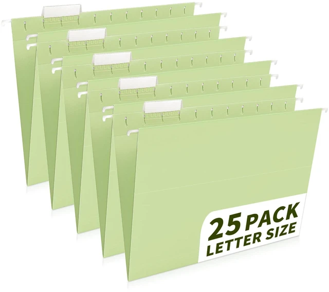 Main image of 25-Pack Green Hanging File Folders, Letter Size (8.5" x 11") with 1/5-Cut Tabs,Includes 35 Transparent Label Cards & 50 Sticker Labels for Home & Office Organization
