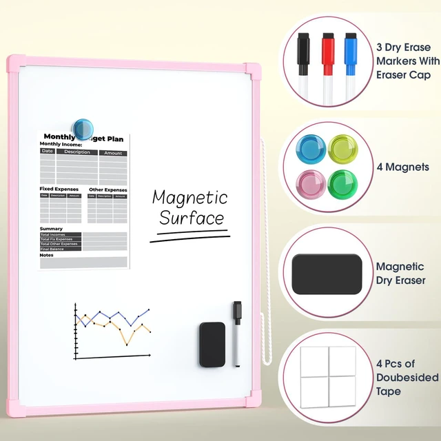 Alt view image 2 of 7 - Double-Sided Dry Erase Board for Wall, 16"x12", Pink Frame Small White Board, Includes 3 Markers & 4 Magnets, Portable hanging Whiteboard for Home, Office, Double Sided Tapes Included