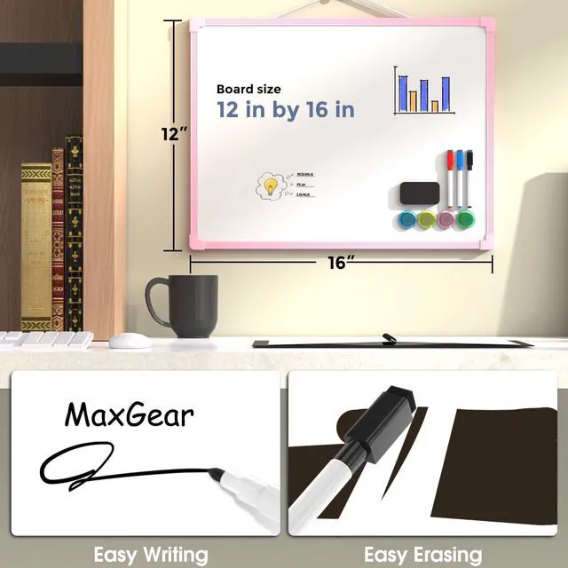 Alt view image 3 of 7 - Double-Sided Dry Erase Board for Wall, 16"x12", Pink Frame Small White Board, Includes 3 Markers & 4 Magnets, Portable hanging Whiteboard for Home, Office, Double Sided Tapes Included