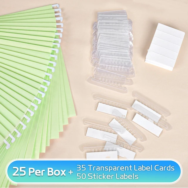 Alt view image 4 of 7 - 25-Pack Green Hanging File Folders, Letter Size (8.5" x 11") with 1/5-Cut Tabs,Includes 35 Transparent Label Cards & 50 Sticker Labels for Home & Office Organization