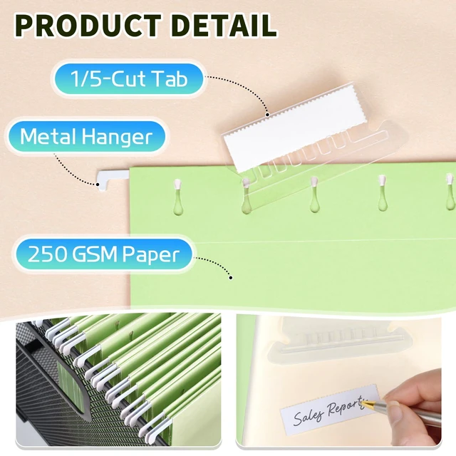 Alt view image 2 of 7 - 25-Pack Green Hanging File Folders, Letter Size (8.5" x 11") with 1/5-Cut Tabs,Includes 35 Transparent Label Cards & 50 Sticker Labels for Home & Office Organization