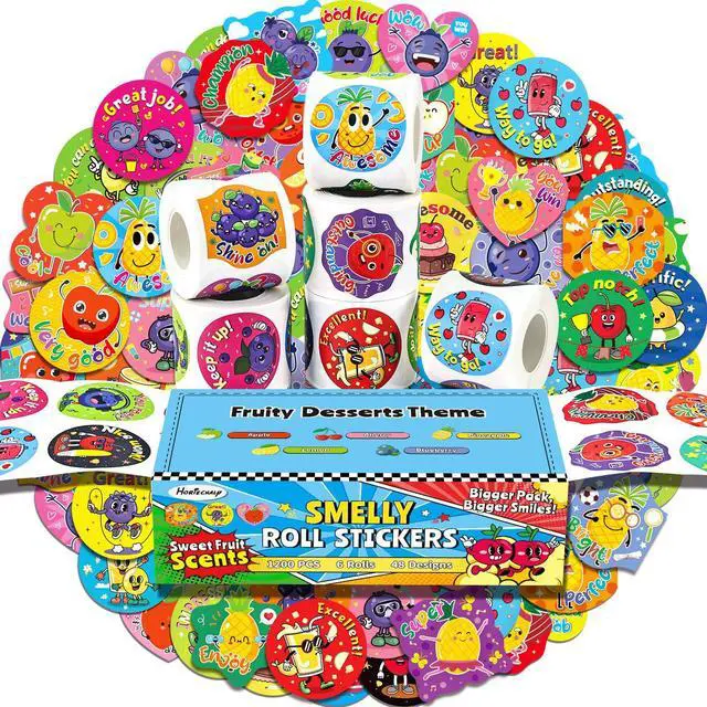 Main image of 1200 Pcs Scented Stickers for Kids and Children, 6 Rolls Large Scratch and Sniff Reward Stickers, Smelly Motivational Incentive Stickers for Teachers, Students, Classroom, Home, Crafts