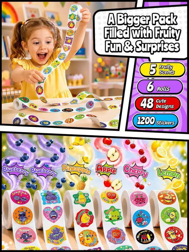 Alt view image 4 of 7 - 1200 Pcs Scented Stickers for Kids and Children, 6 Rolls Large Scratch and Sniff Reward Stickers, Smelly Motivational Incentive Stickers for Teachers, Students, Classroom, Home, Crafts