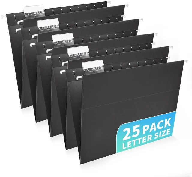 Main image of 25-Pack Black Hanging File Folders, Letter Size (8.5" x 11Inch), Includes 35 Transparent Label Cards & 50 Sticker Labels,1/5-Cut Tabs for Home & Office Organization