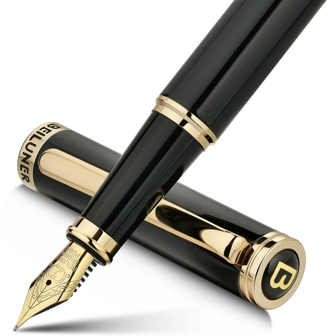 Main image of Black Fountain Pen,Stunning Luxury Pens with 24K Gold Accents, Gorgeous 24K Gilded Nib(Fine), Trustworthy Pen Gift for Men&Women -Ink Converter-Elegant, Reliable,Fancy Pen for Writing