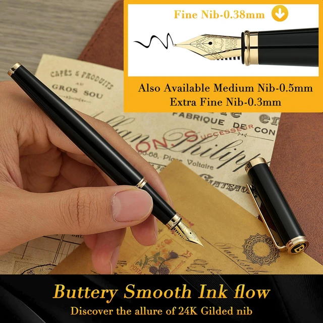 Alt view image 4 of 7 - Black Fountain Pen,Stunning Luxury Pens with 24K Gold Accents, Gorgeous 24K Gilded Nib(Fine), Trustworthy Pen Gift for Men&Women -Ink Converter-Elegant, Reliable,Fancy Pen for Writing