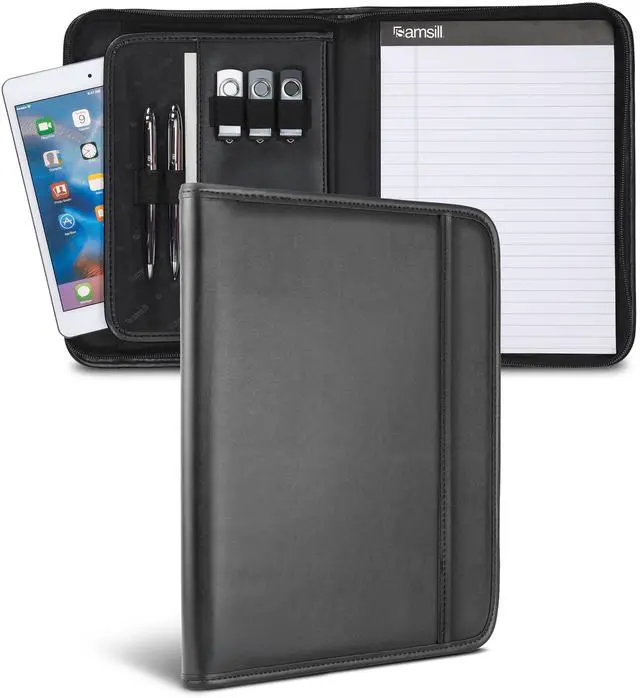 Main image of Professional Padfolio, Faux Leather Junior Portfolio with Zipper, 10.1 Inch Tablet Sleeve, with 7 x 10 Inch Notepad, Black