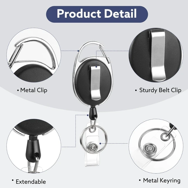 Alt view image 6 of 7 - 50 Pack Retractable Badge Reels with Carabiner and Key Ring Heavy-duty plastic and metal, 25.5 in retractable cord, clip for belt or pocket, for ID badges, keys and cards