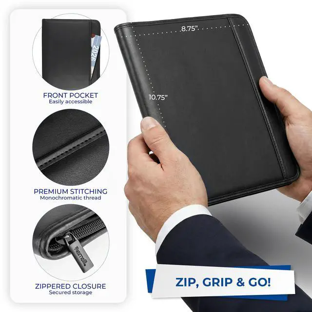 Alt view image 4 of 7 - Professional Padfolio, Faux Leather Junior Portfolio with Zipper, 10.1 Inch Tablet Sleeve, with 7 x 10 Inch Notepad, Black