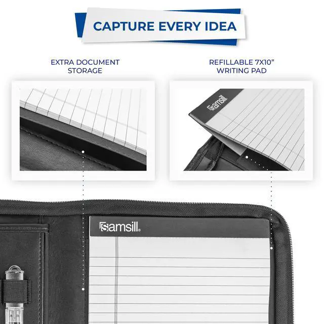 Alt view image 5 of 7 - Professional Padfolio, Faux Leather Junior Portfolio with Zipper, 10.1 Inch Tablet Sleeve, with 7 x 10 Inch Notepad, Black