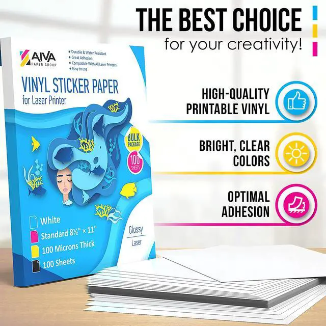 Alt view image 5 of 7 - Printable Vinyl Sticker Paper for Laser Printer - Glossy White - 100 Self-Adhesive Sheets - Waterproof Decal Paper - Standard Letter Size 8.5"x11"