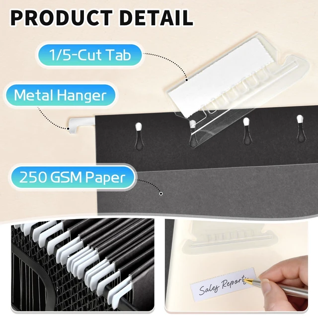 Alt view image 2 of 7 - 25-Pack Black Hanging File Folders, Letter Size (8.5" x 11Inch), Includes 35 Transparent Label Cards & 50 Sticker Labels,1/5-Cut Tabs for Home & Office Organization
