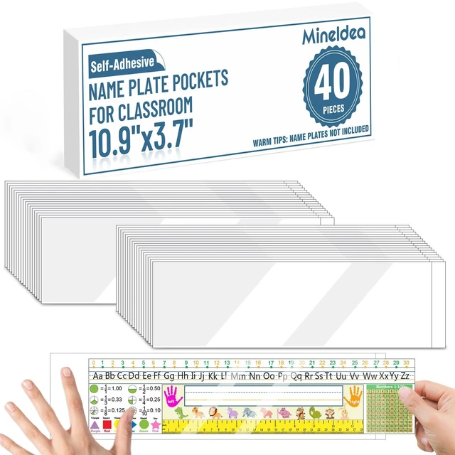 Main image of 40 PCS Nameplate Pocket, 10.9" x 3.7" Adhesive Desk Nameplates Easy Remove Holder Name Tag Sleeves, Upgrade Crystal Clear Scratch Proof Name Tag Sleeves for Classroom Desk