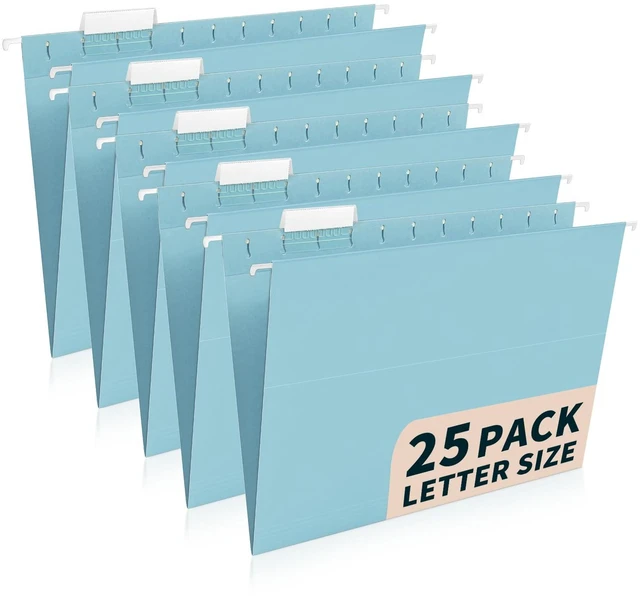 Main image of 25-Pack Hanging File Folders, Letter Size, Includes 35 Transparent Label Cards & 50 Sticker Labels,1/5-Cut Tabs for Home & Office Organization(Light Blue)