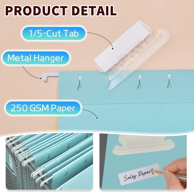 Alt view image 3 of 7 - 25-Pack Hanging File Folders, Letter Size, Includes 35 Transparent Label Cards & 50 Sticker Labels,1/5-Cut Tabs for Home & Office Organization(Light Blue)