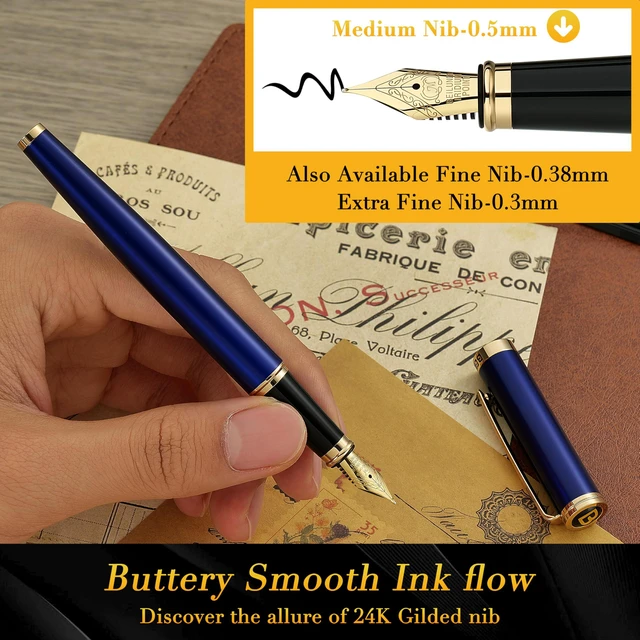 Alt view image 4 of 7 - Blue Fountain Pen,Stunning Luxury Pens with 24K Gold Finish, Gorgeous 24K Gilded Nib(Medium), Fancy Pen Gift for Men&Women -Ink Converter-Elegant, Reliable,Nice Pen for Writing