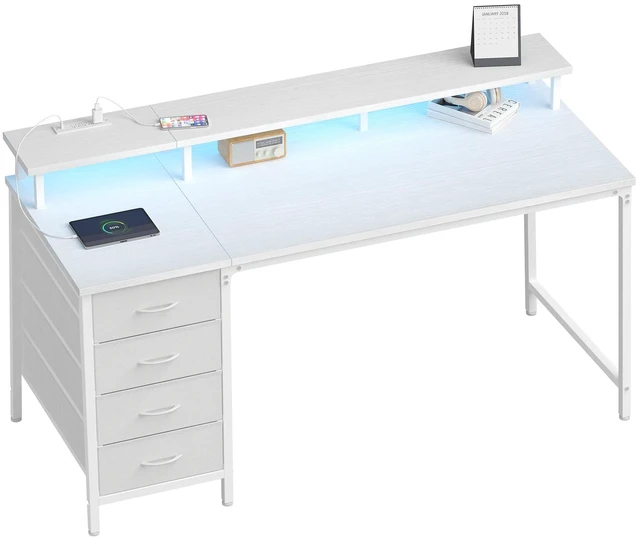 Main image of 40-Inch Gaming Computer Desk with Drawers for Home Office, White Small Desk with Monitor Stand for Bedroom Study and Writing, PC Desk with Power Outlets and LED Lights