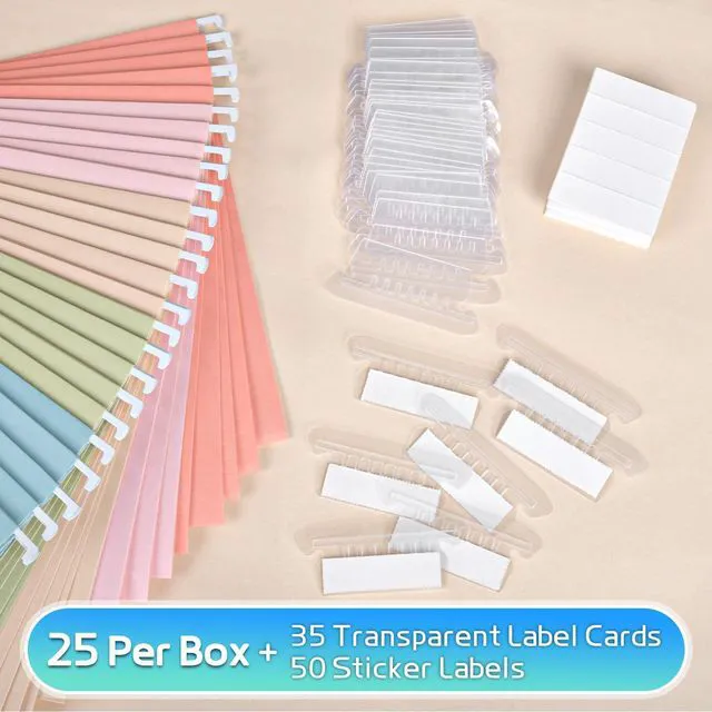 Alt view image 3 of 7 - 25-Pack Pastel Hanging File Folders, Letter Size with 1/5-Cut Tabs, 35 Transparent Label Cards, 50 Sticker LabelsHome Office & Filing Cabinets