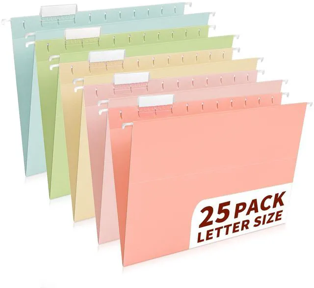 Main image of 25-Pack Pastel Hanging File Folders, Letter Size with 1/5-Cut Tabs, 35 Transparent Label Cards, 50 Sticker LabelsHome Office & Filing Cabinets