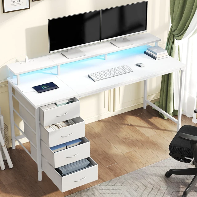 Alt view image 2 of 7 - 40-Inch Gaming Computer Desk with Drawers for Home Office, White Small Desk with Monitor Stand for Bedroom Study and Writing, PC Desk with Power Outlets and LED Lights
